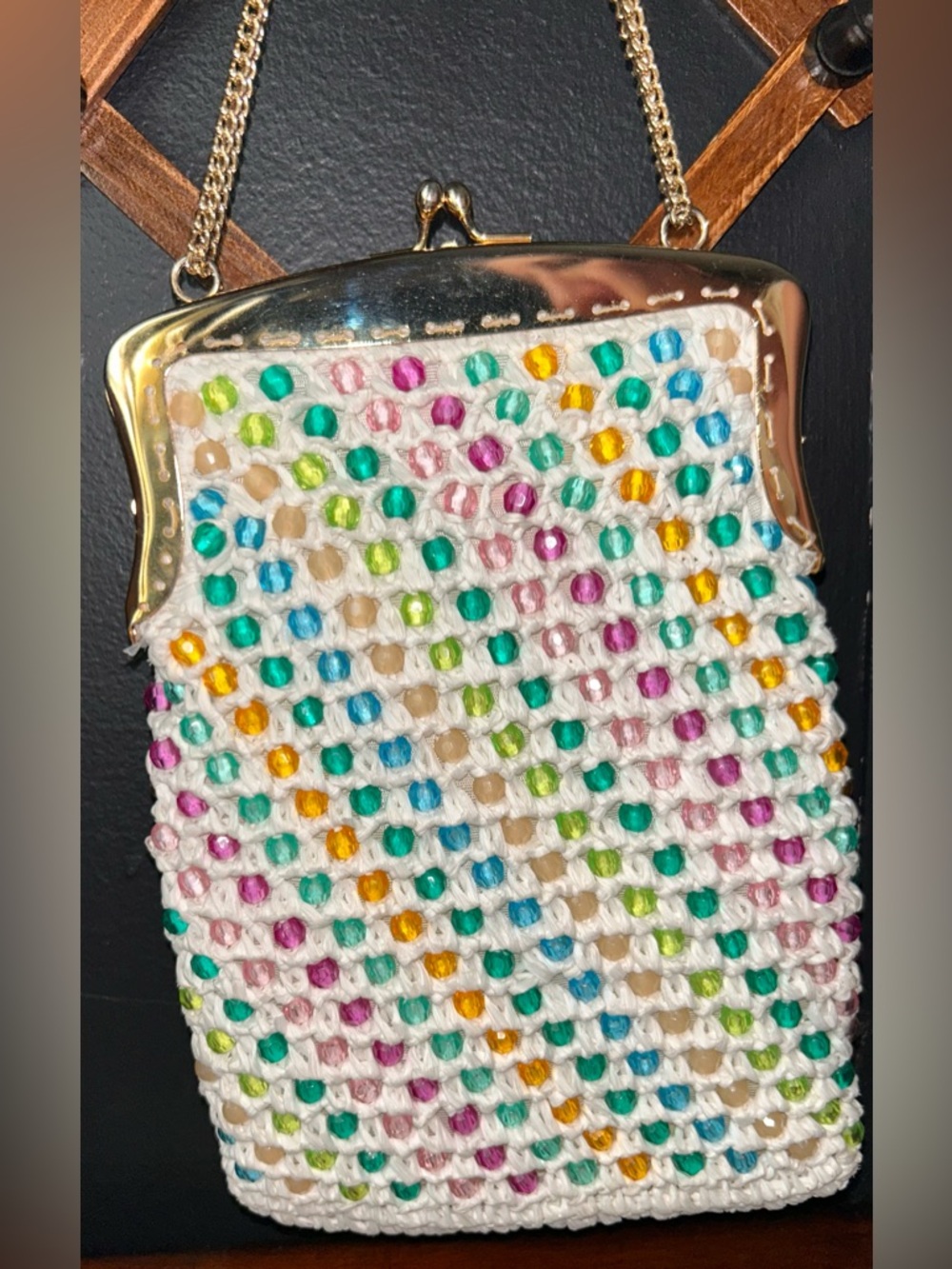 White Crochet Kisslock Mini Bag with Multicolor Bead Accents and Gold Chain - Picture 4 of 15